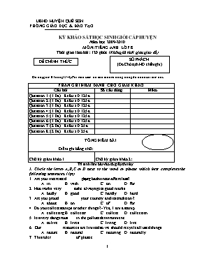 Đề khảo sát học sinh giỏi cấp huyện Tiếng anh lớp 8 - Năm học 2009-2010 - Phòng GD & ĐT huyện Quế Sơn